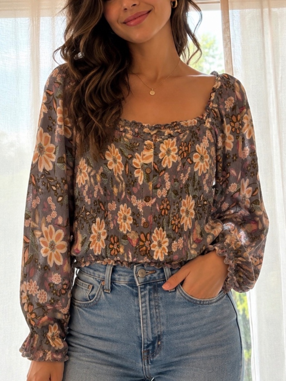 Floral Ruched Long Sleeve